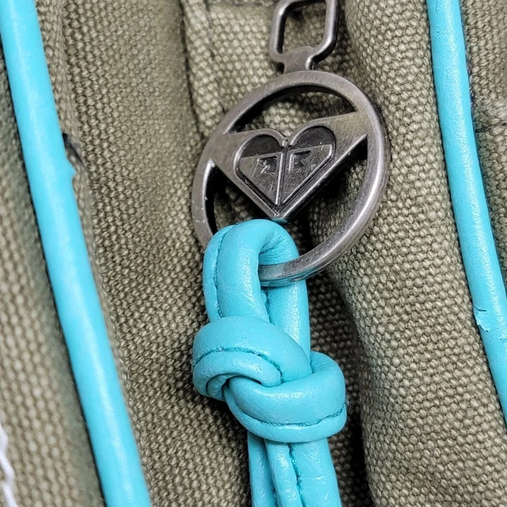 Vtg Roxy Canvas Backpack‎ Olive Green Turquoise Trim Floral Y2K Surfer Girl